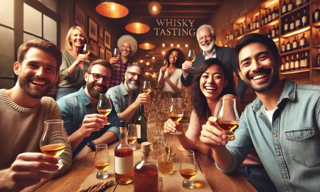 Fröhliche Gruppe bei einer Whisky-Verkostung. Sie stoßen mit Gläsern an, die bernsteinfarbenen Whisky enthalten. Ein mildes Aroma liegt in der Luft.