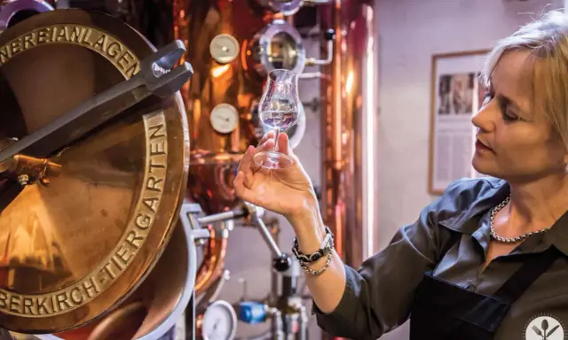 Frau verkostet Genever in einer Brennerei. Kupferne Anlagen und ein Glas mit dem klaren Schnaps sind zu sehen.