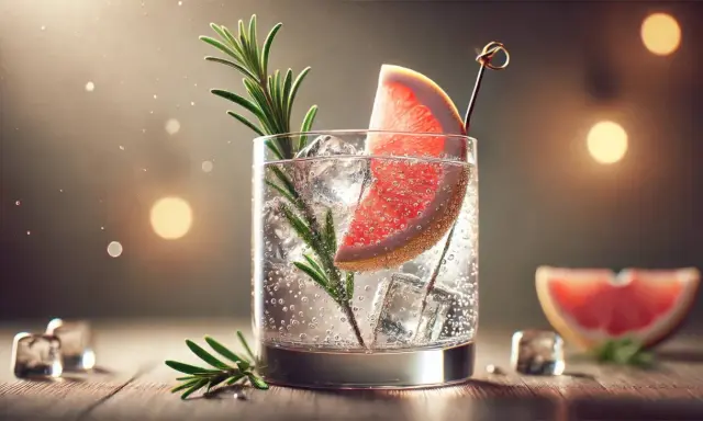 Erfrischender Gin Tonic mit Grapefruit und Rosmarin, serviert mit Eiswürfeln.