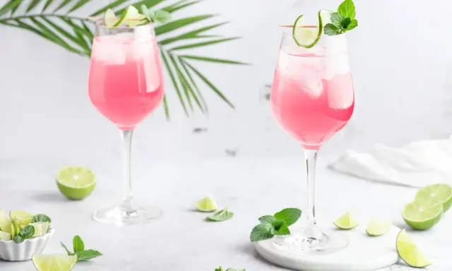 Zwei elegante Gläser mit einem erfrischenden pink spritz, garniert mit Limettenspalten und Minze, umgeben von frischen Limetten und grünen Blättern.