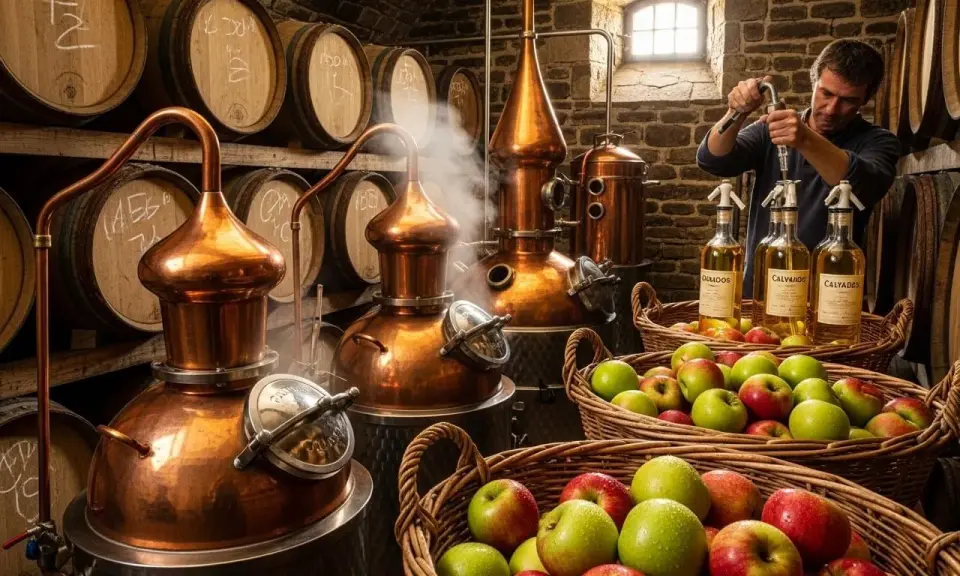 Mann füllt Flaschen mit Calvados ab, daneben Körbe voller Äpfel. So lernt man, wie trinkt man Calvados: direkt aus der Normandie.