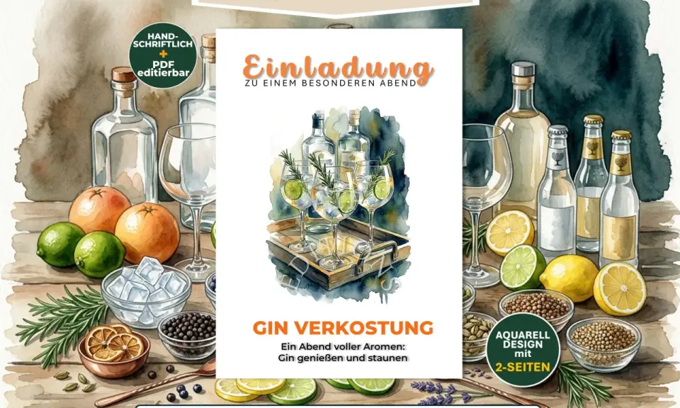 Einladung zur Gin Verkostung: Flaschen, Gläser, Zitrusfrüchte und Gewürze laden zu einem besonderen Abend voller Aromen ein.