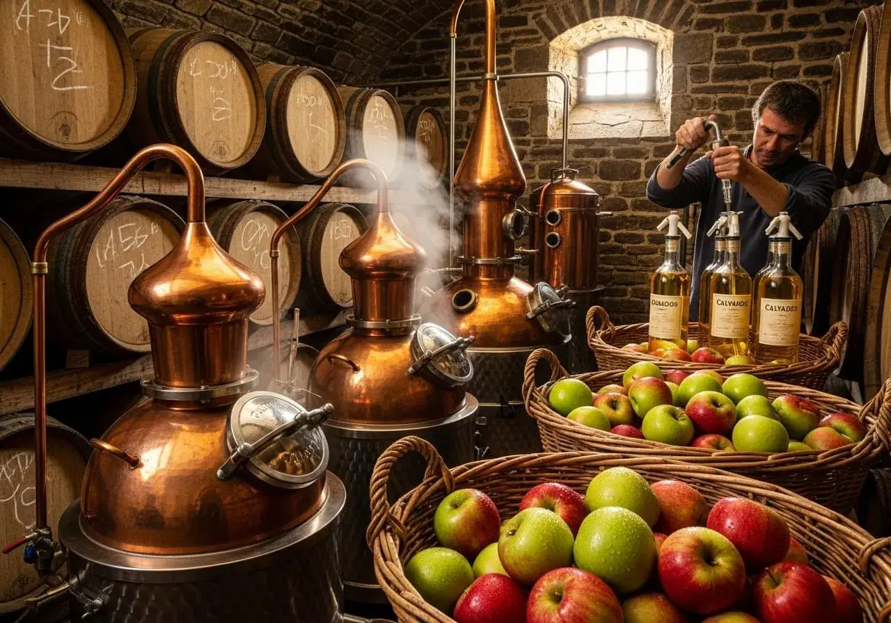 Mann füllt Flaschen mit Calvados ab, daneben Körbe voller Äpfel. So lernt man, wie trinkt man Calvados: direkt aus der Normandie.