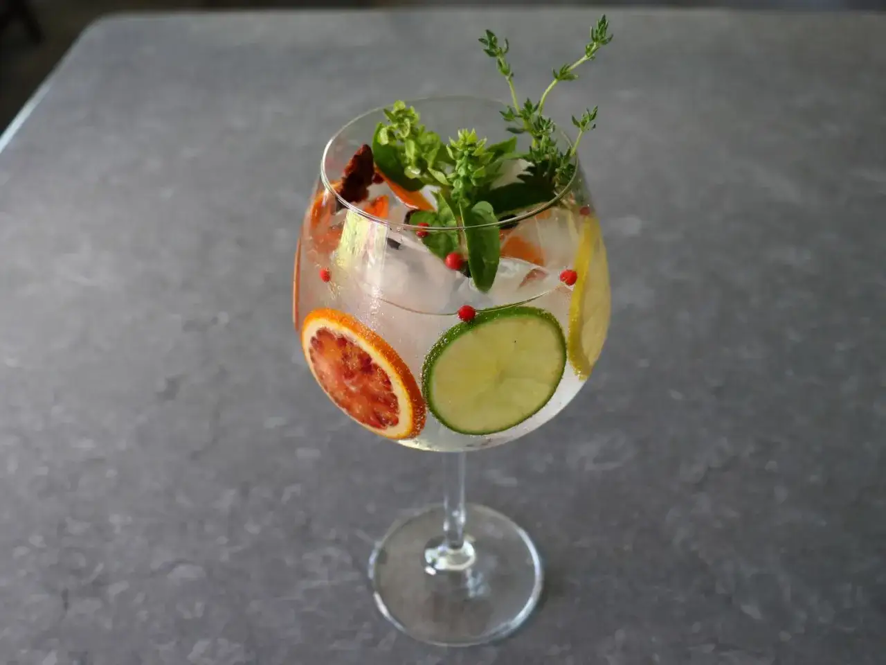 Erfrischender Gin Tonic mit Blutorange, Limette, Zitrone und Kräutern. Das perfekte Gin Tonic Ratio für heiße Tage.