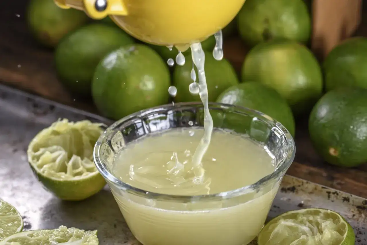 Frischer Limettensaft tropft aus einer Zitruspresse in eine Schüssel. So einfach lässt sich lime juice selber machen für Cocktails oder Erfrischungen.