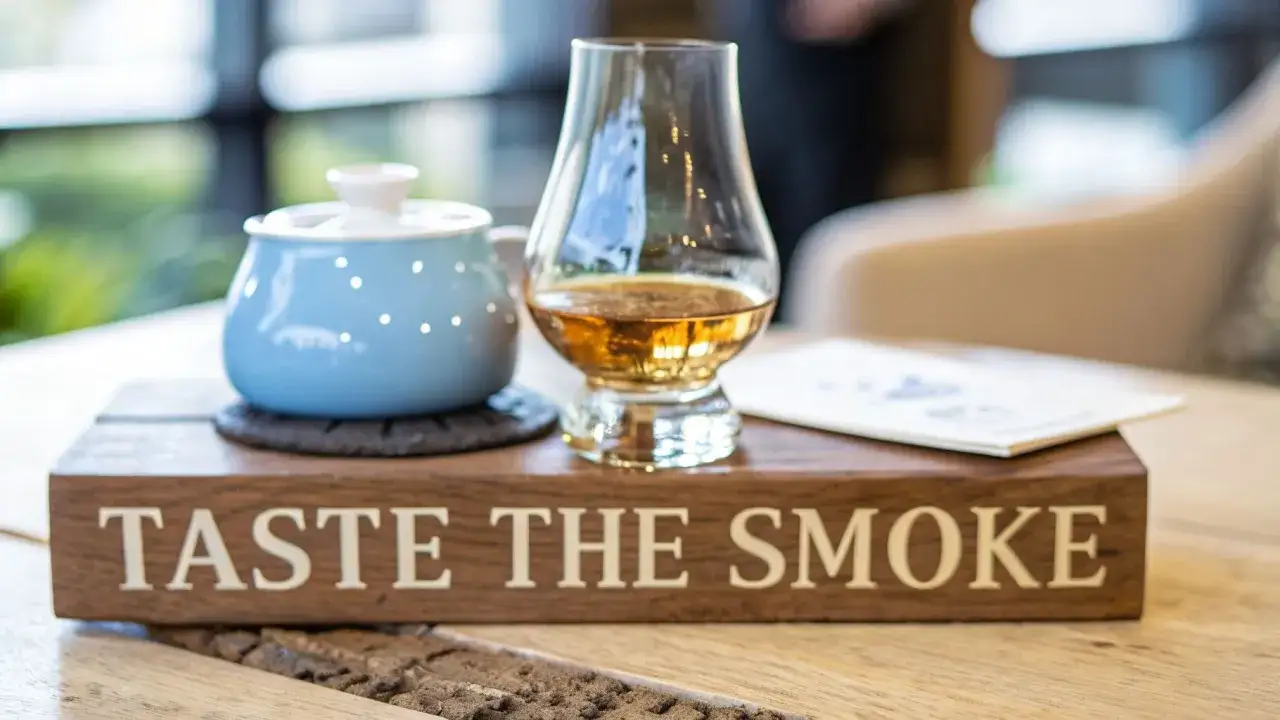 Ein Glas mit bernsteinfarbenem peated whisky steht neben einer blauen Zuckerdose auf einem Holzblock mit der Aufschrift