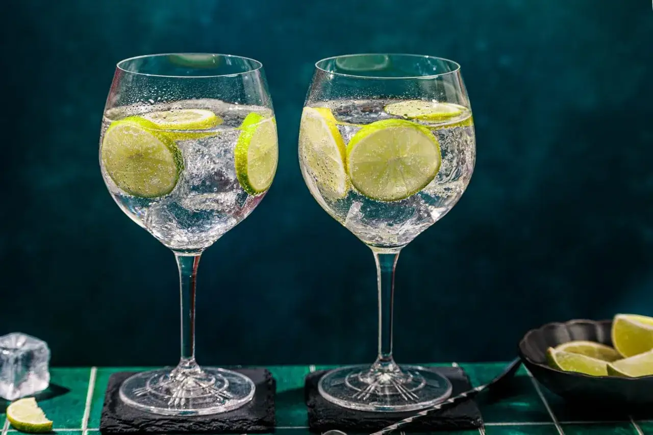 Zwei Gläser von Hallers Gin mit Tonic und Limettenscheiben, erfrischend und prickelnd.