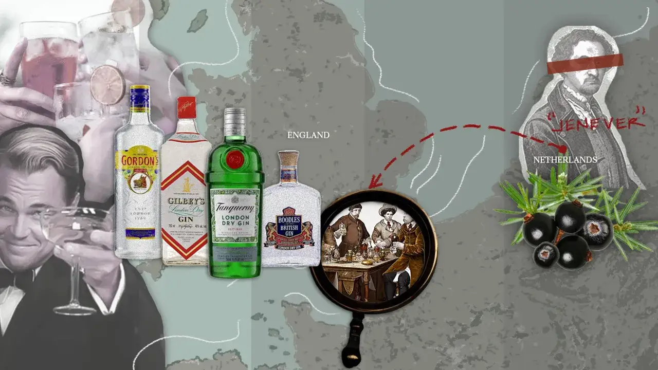 Gin-Bedeutung: Flaschen bekannter Gins, eine Lupe mit Trinkenden und Wacholderbeeren. Die Geschichte des Gins beginnt in den Niederlanden.