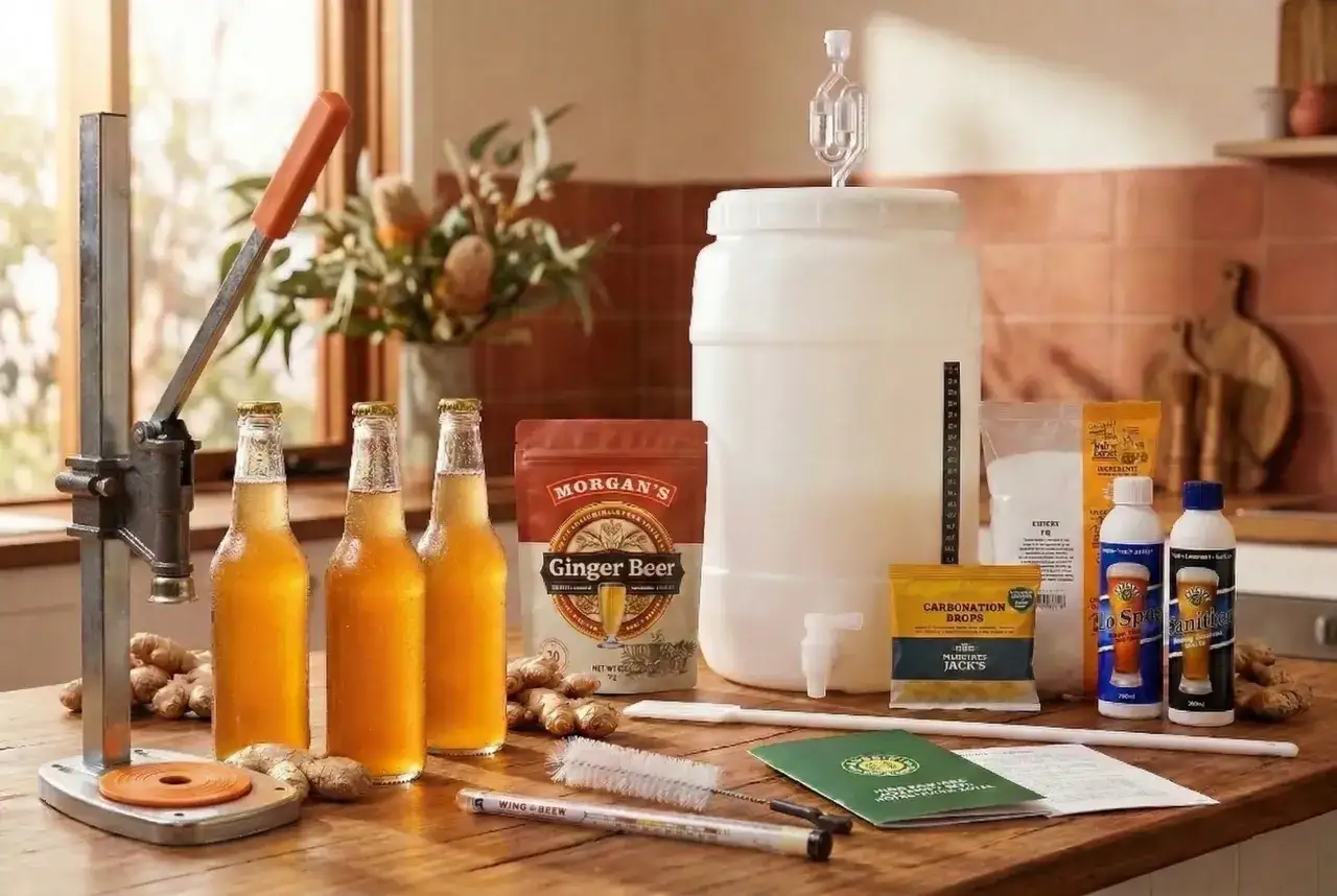 Alles für selbstgemachten Ginger Beer: Flaschen, Gärbehälter, Zutaten und Zubehör.
