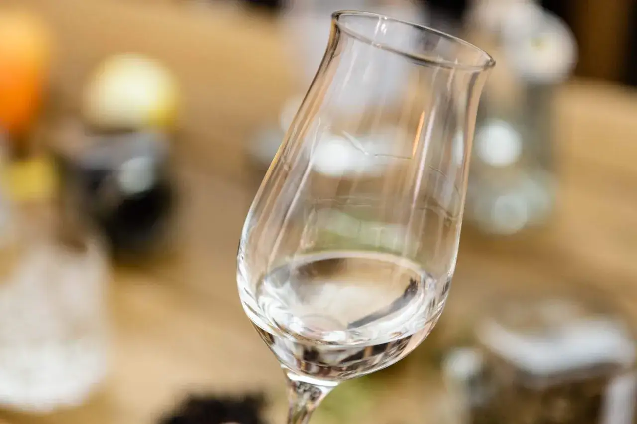 Ein Glas mit klarem Gin, bereit zum pur trinken. Im Hintergrund unscharf: Gewürze und Botanicals.