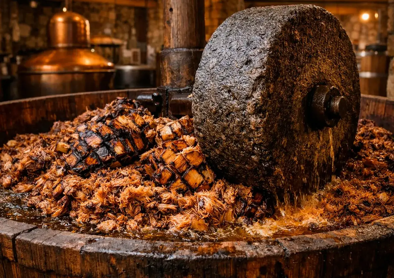 Ein großer Stein zermahlt Agavenfasern in einem Holzfass. So wird aus Agaven Tequila gemacht.