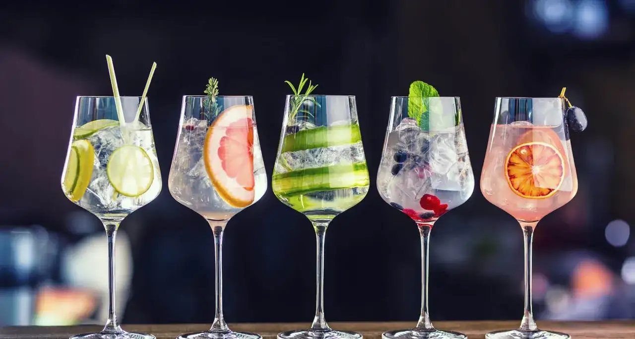 Fünf elegante Gläser mit Gin-Cocktails, garniert mit Früchten und Kräutern. Welches Tonic zu Tanqueray? Hier finden Sie Inspiration.