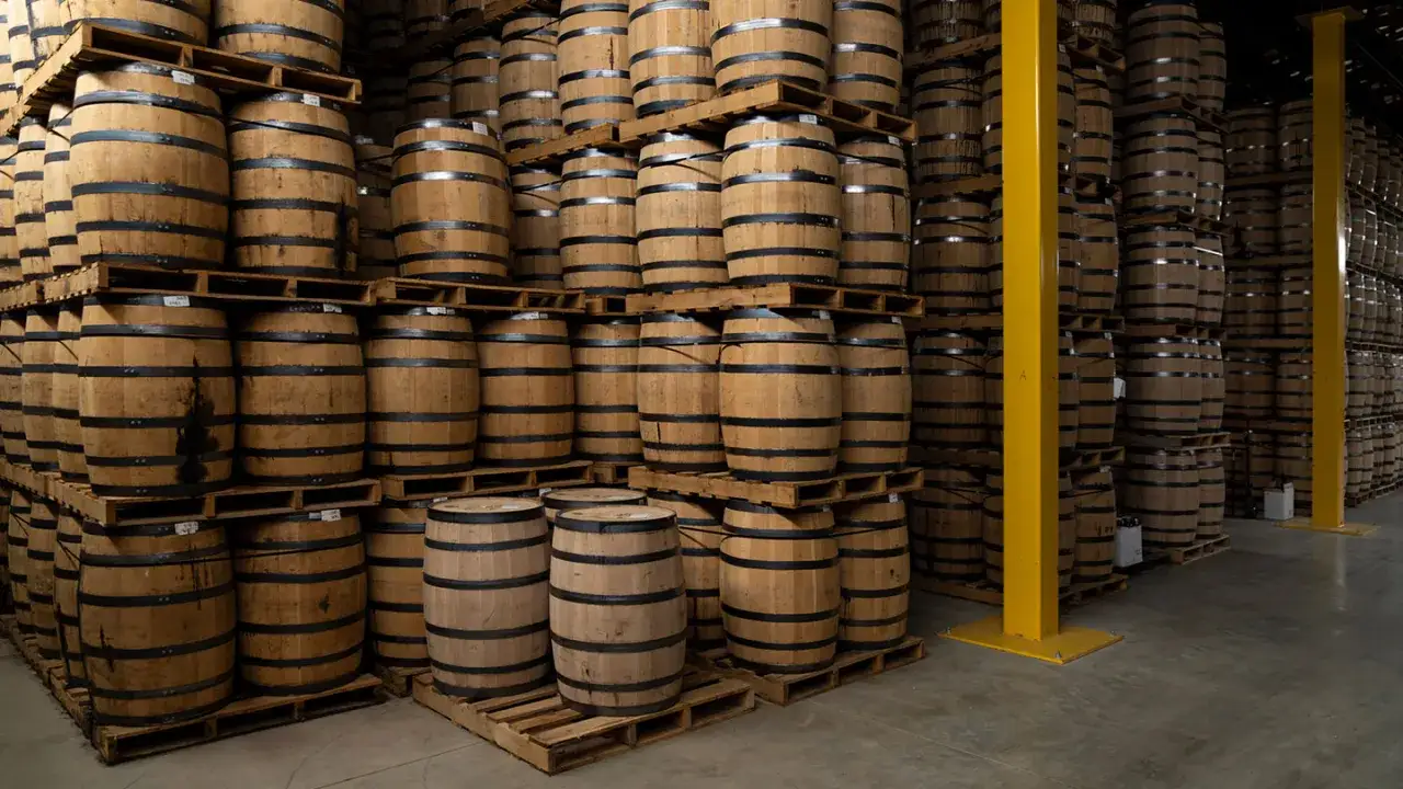Holzfässer stapeln sich in einem Lagerhaus. Die Fässer sind für die Reifung von Bourbon und Whiskey bestimmt.