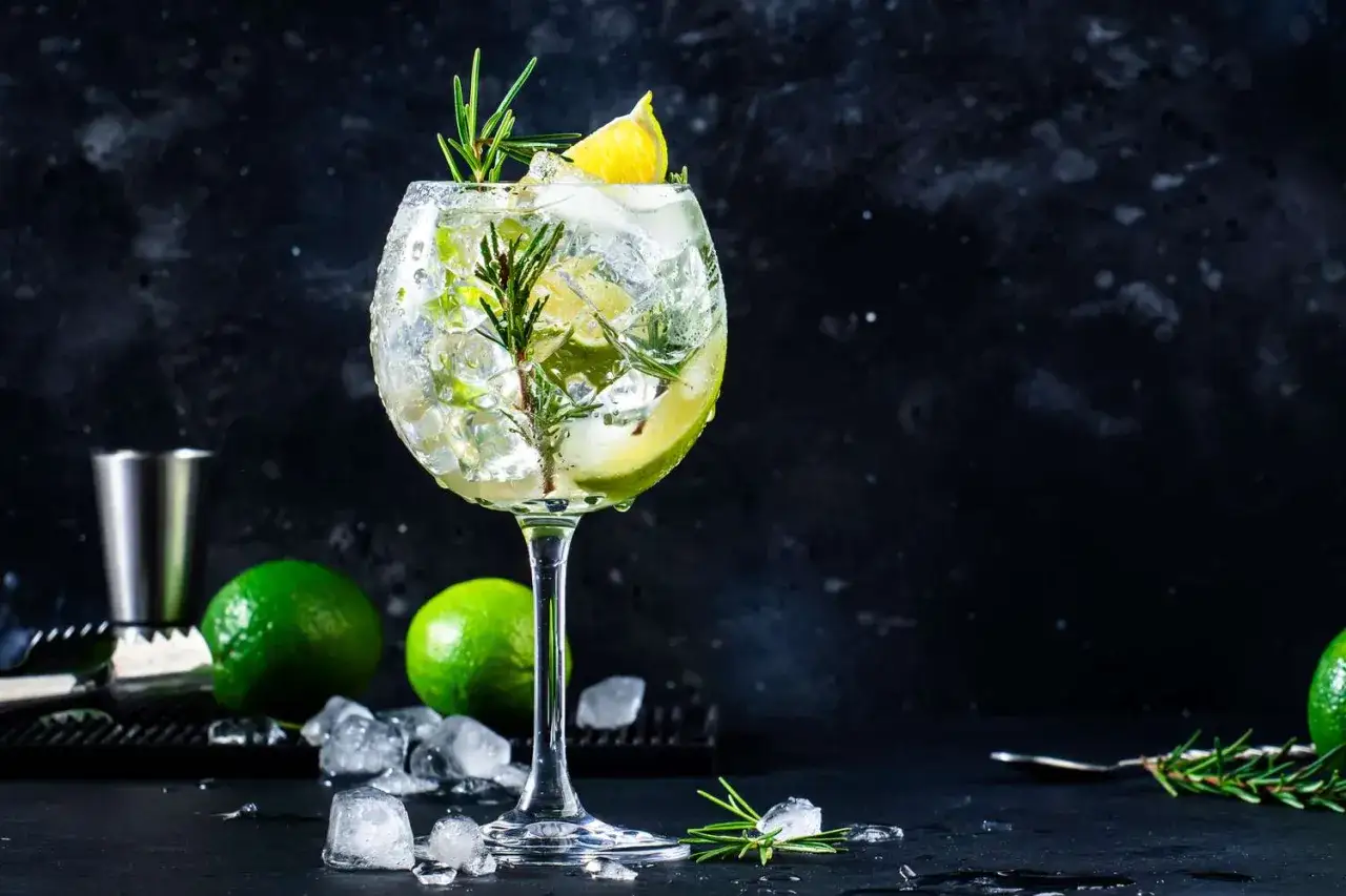 Erfrischender Gin-Schnaps mit Eis, Limette und Rosmarin in einem eleganten Glas.