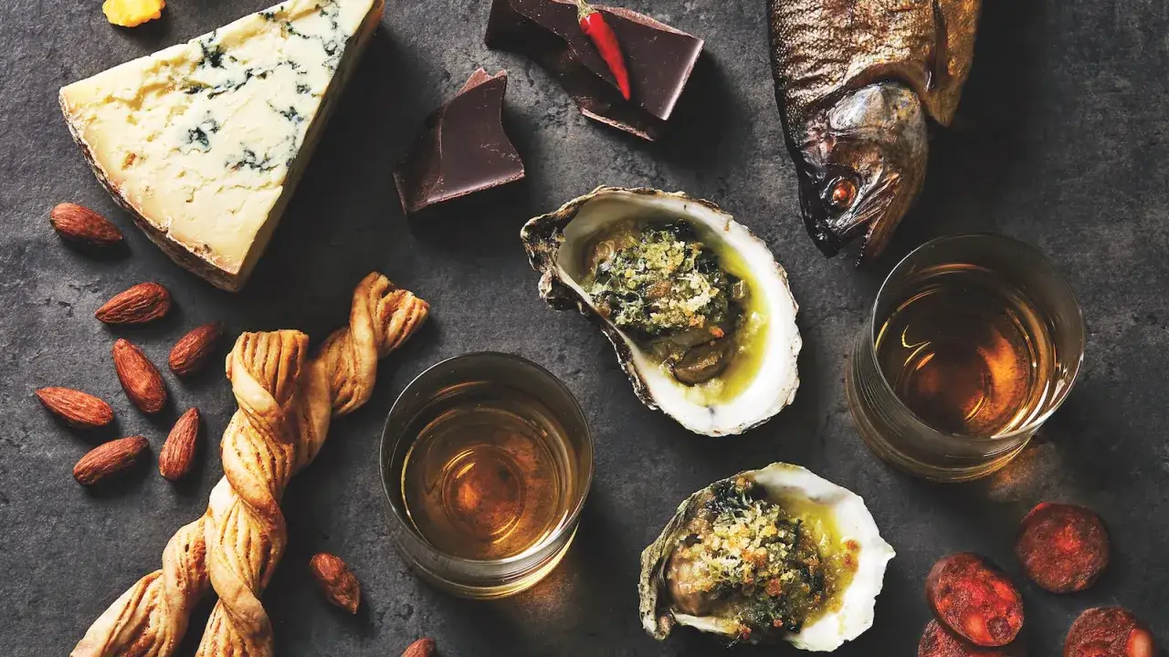 Ein Fest für Genießer: Austern, Käse, Schokolade und rauchige Whiskys. Dazu geräucherter Fisch und Chorizo.