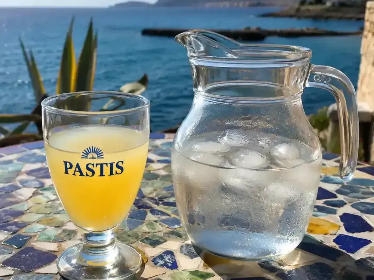 Ein Glas Pastis mit dem charakteristischen Pernod Geschmack steht neben einem Krug Eiswasser. Im Hintergrund das Meer.