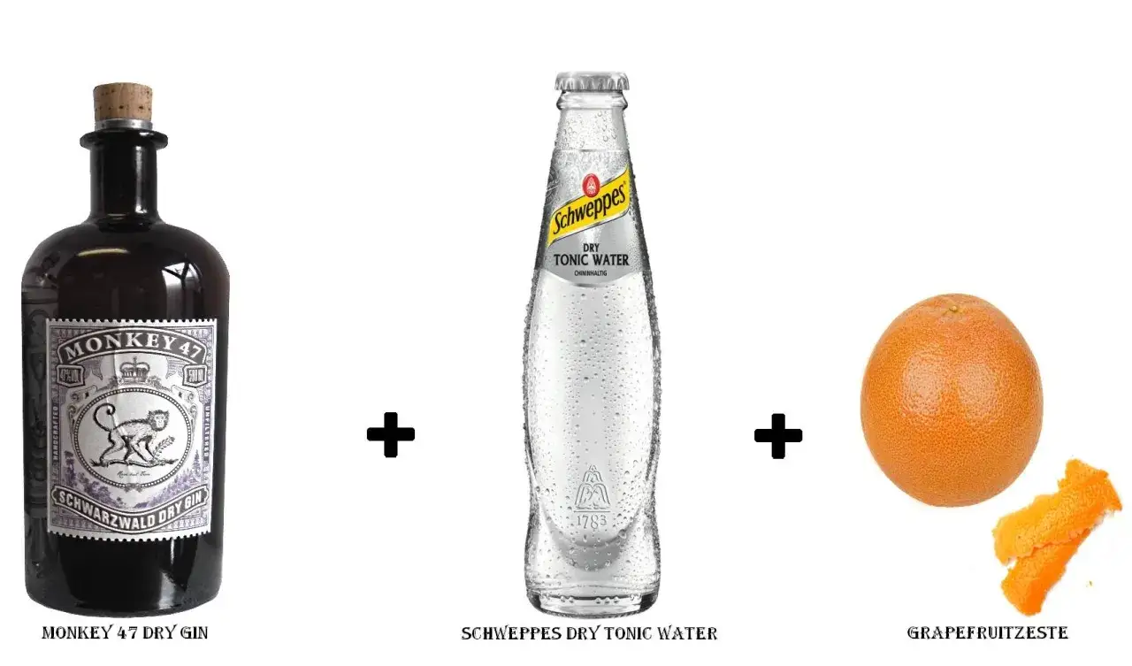 Zutaten für ein Monkey 47 Gin Tonic Rezept: Monkey 47 Dry Gin, Schweppes Dry Tonic Water und Grapefruitzeste.