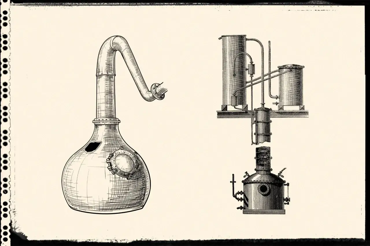 Historische Apparaturen für die Rum Herstellung: ein Alembik und eine Destillieranlage mit mehreren Behältern und Rohren.
