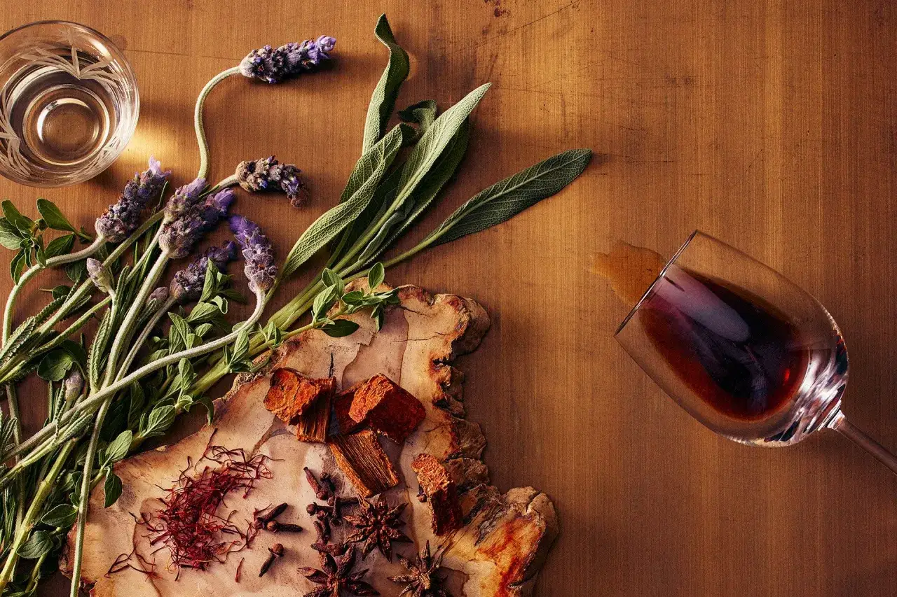Kräuter wie Lavendel, Salbei und Oregano, Gewürze und ein Glas Rotwein – die Zutaten, die verraten, was ist Wermut.