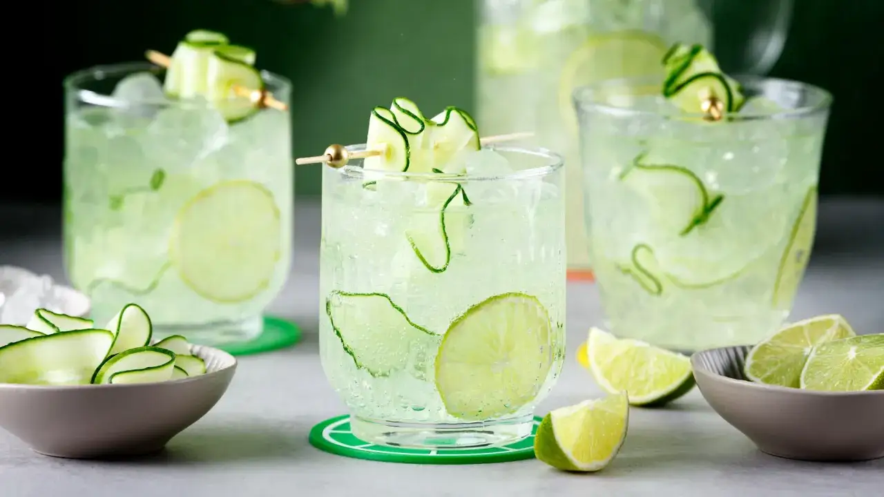 Erfrischender Gin Tonic mit Gurke und Limette, garniert mit Gurkenstreifen.