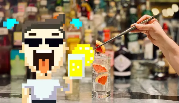 Pixeliger Charakter freut sich über einen erfrischenden Drink mit Grapefruit und Eis. Das ist, was Tonic Water ausmacht: prickelnd und lecker!