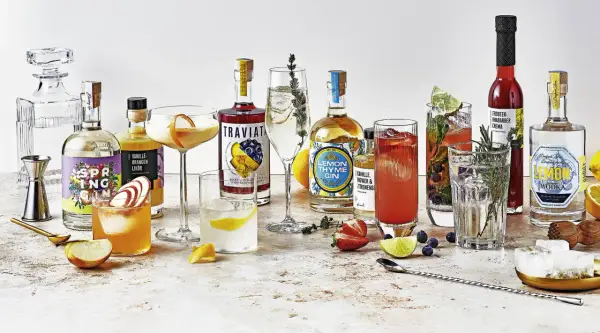 Vielfalt an Getränken und Zutaten für Cocktails, darunter Gin, Likör und Früchte. Perfekt für die Zubereitung eines erfrischenden Gin Tonic Garnitur.