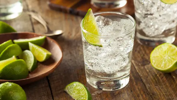 Erfrischender Gin pur trinken mit Eis und Limettenspalten. Frische Limetten liegen daneben.