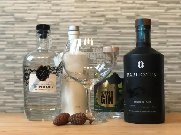Gin-Flaschen, ein Glas und Zapfen. Der **Wacholder Geschmack** ist bei diesen Gins zentral.