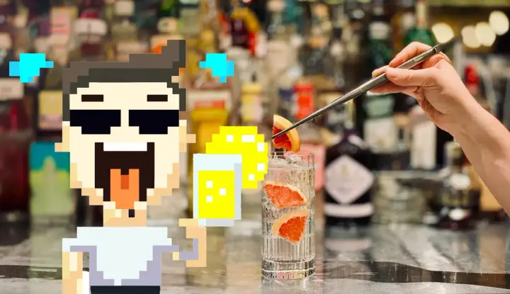 Pixeliger Charakter freut sich über einen erfrischenden Drink mit Grapefruit und Eis. Das ist, was Tonic Water ausmacht: prickelnd und lecker!