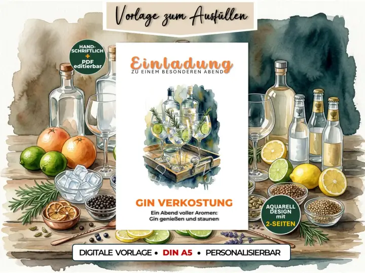 Einladung zur Gin Verkostung: Flaschen, Gläser, Zitrusfrüchte und Gewürze laden zu einem besonderen Abend voller Aromen ein.